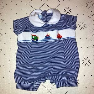 Petit Bebe short romper with car smocking